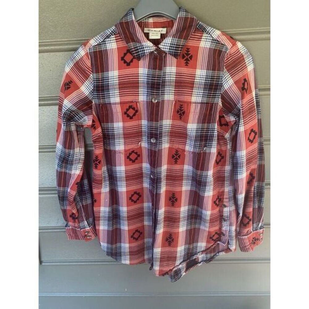 Women's XS ARIAT Red Aztec Plaid Button Down Flannel Shirt western cowboy